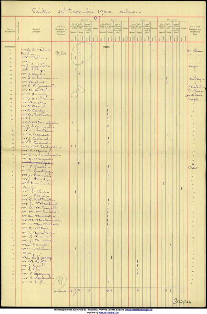 Ernest Smethurst passage sheet to South Africa